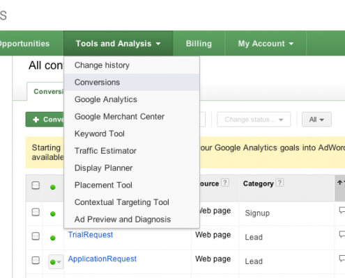 Import Google Analytics conversion goals into AdWords